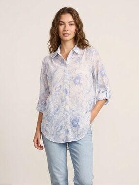 ADIVA Women Large Blue White Floral Eyelet Embroidered Sheer Button Up Shirt Top